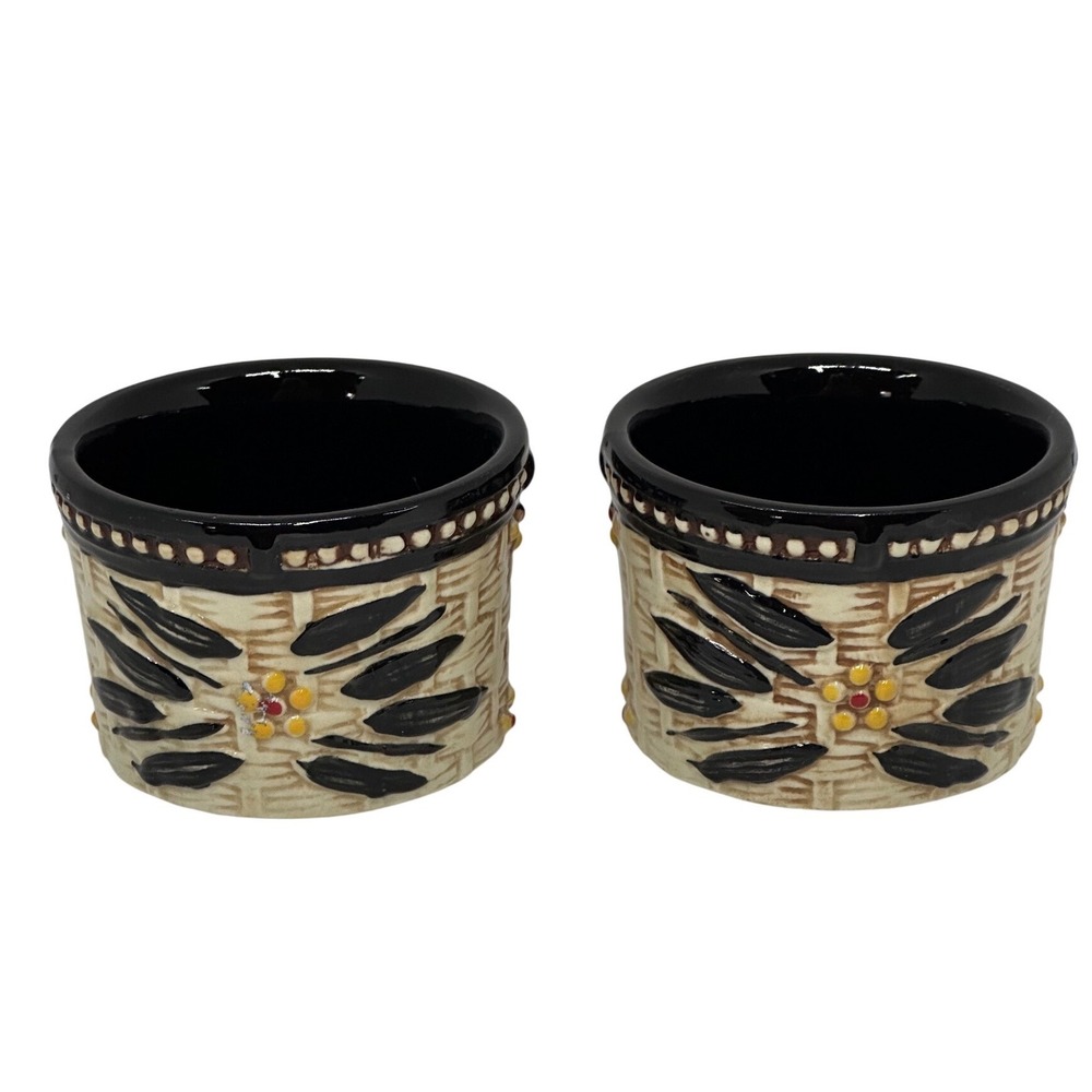 Temp-tations Ramekins Black Old World Basket Weave Ceramic 6oz Set of 2